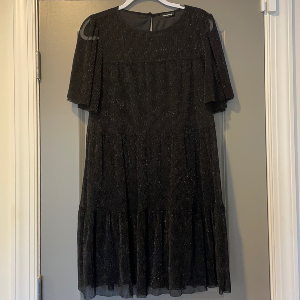 Size large black shimmery sheer mini dress with slip below